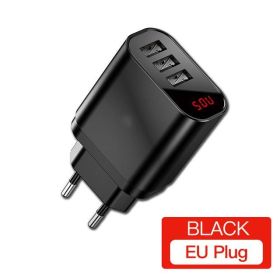 Mirror Lake Travel Charger 3USB Smart Digital Display 3.4A Universal Travel Charger For Mobile Phone (Option: EU-Black)